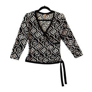 Susan Lawrence Wrap Top M Black White Geometric Swirl Psychedelic Retro Y2K Mod